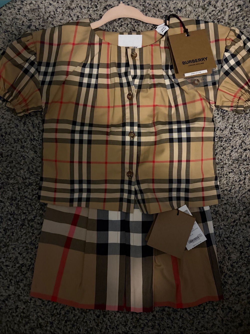 Burberry Beige/Black/Tan Plaid Kids Button-Down Matching Set